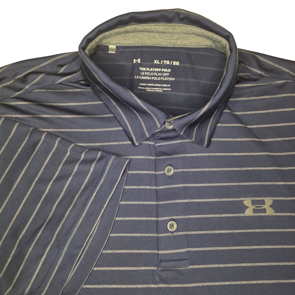 Under Armour Mens XL Playoff Polo Shirt‎ Striped Golf Loose Fit Navy Blue